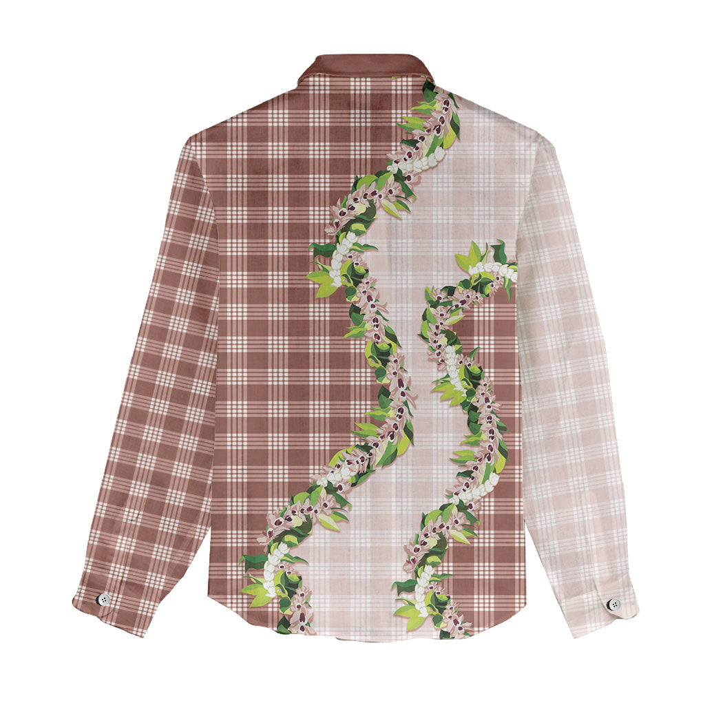 Mocha Hawaii Palaka Women Casual Shirt Maile Pikake Honohono Orchid Lei LT05 - Polynesian Pride