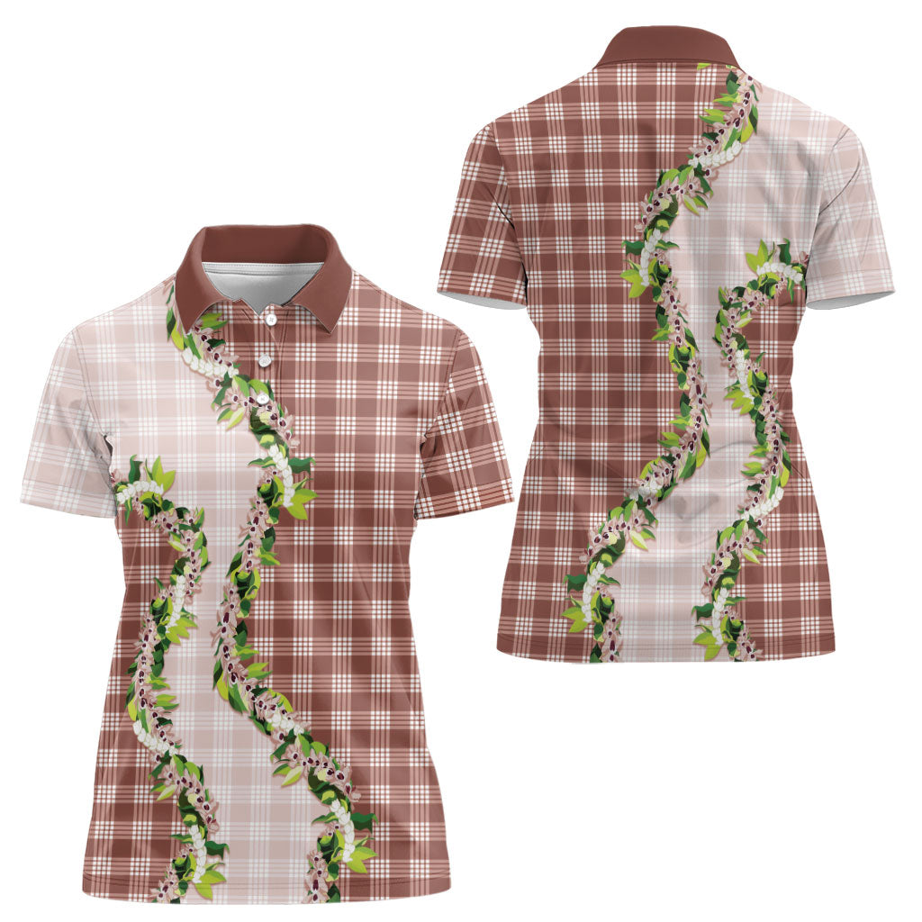 Mocha Hawaii Palaka Women Polo Shirt Maile Pikake Honohono Orchid Lei