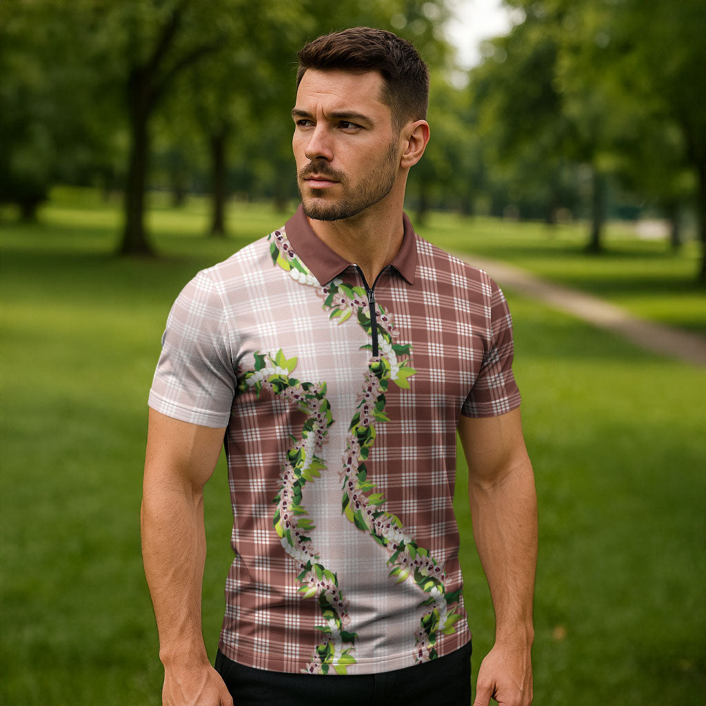 Mocha Hawaii Palaka Zipper Polo Shirt Maile Pikake Honohono Orchid Lei