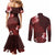 Hawaii Hibiscus With Oxblood Polynesian Pattern Couples Matching Mermaid Dress and Long Sleeve Button Shirt