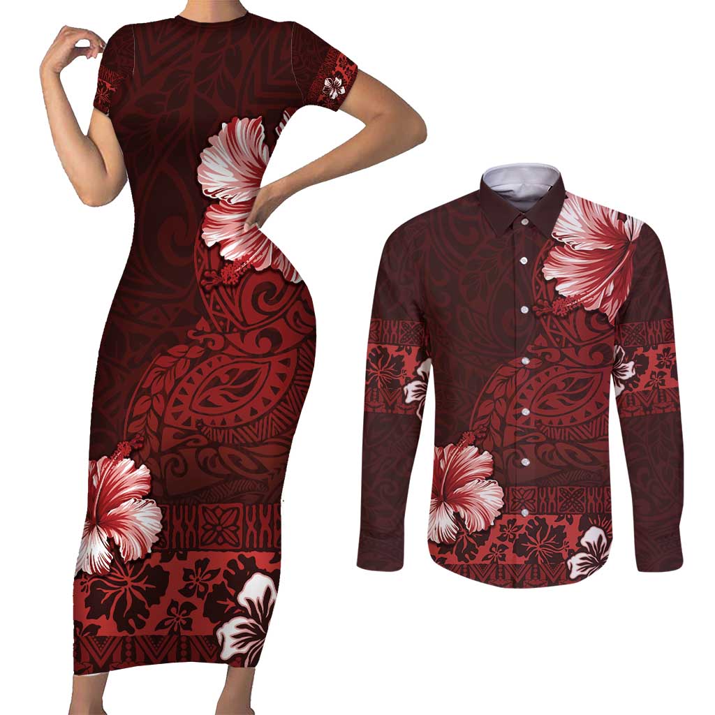 Hawaii Hibiscus With Oxblood Polynesian Pattern Couples Matching Short Sleeve Bodycon Dress and Long Sleeve Button Shirt LT05 Red - Polynesian Pride