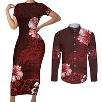 Hawaii Hibiscus With Oxblood Polynesian Pattern Couples Matching Short Sleeve Bodycon Dress and Long Sleeve Button Shirt LT05 Red - Polynesian Pride