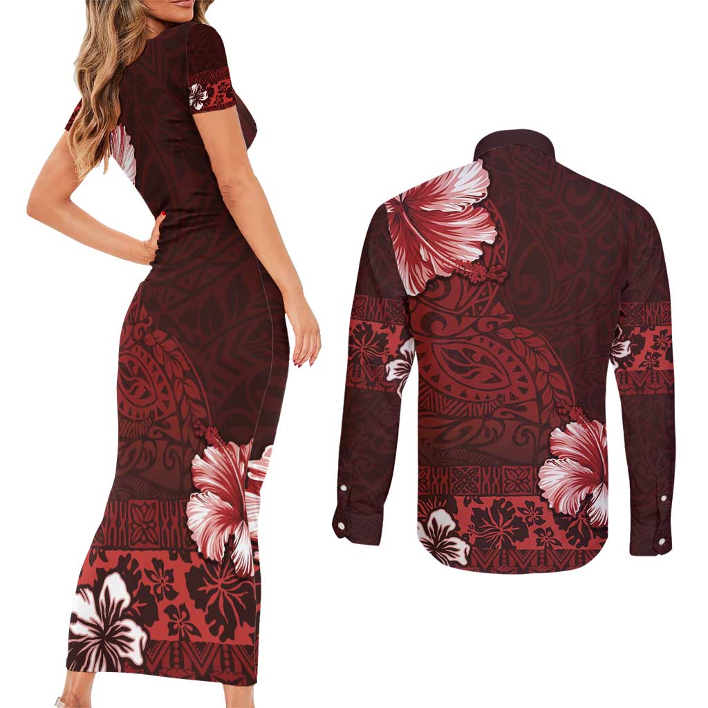 Hawaii Hibiscus With Oxblood Polynesian Pattern Couples Matching Short Sleeve Bodycon Dress and Long Sleeve Button Shirt LT05 - Polynesian Pride