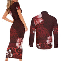 Hawaii Hibiscus With Oxblood Polynesian Pattern Couples Matching Short Sleeve Bodycon Dress and Long Sleeve Button Shirt LT05 - Polynesian Pride
