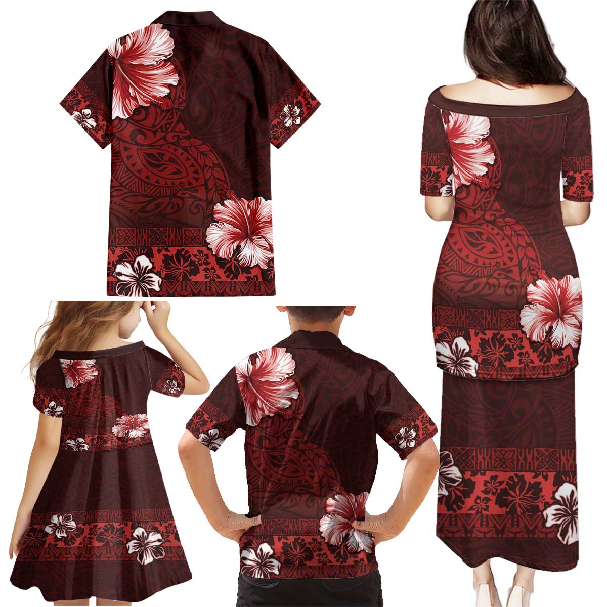 Hawaii Hibiscus With Oxblood Polynesian Pattern Family Matching Puletasi and Hawaiian Shirt
