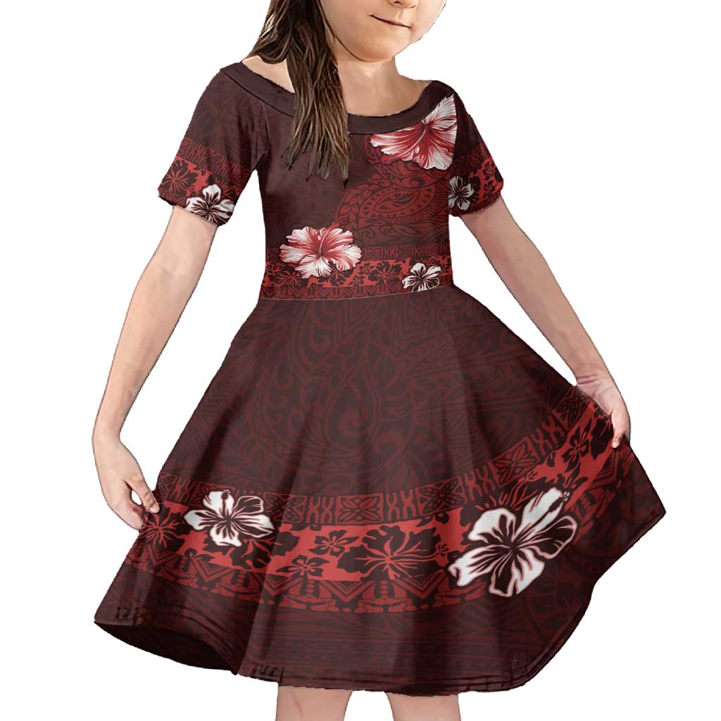 Hawaii Hibiscus With Oxblood Polynesian Pattern Family Matching Summer Maxi Dress and Hawaiian Shirt LT05 Daughter's Dress Red - Polynesian Pride