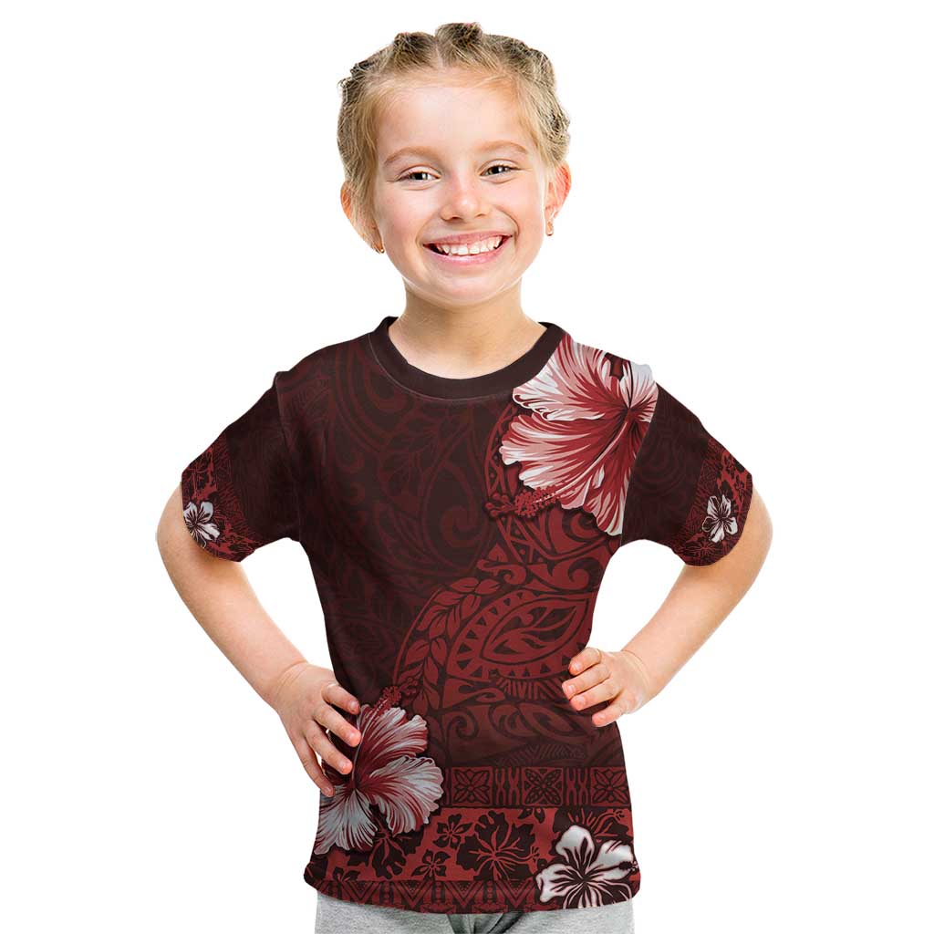 Hawaii Hibiscus With Oxblood Polynesian Pattern Kid T Shirt