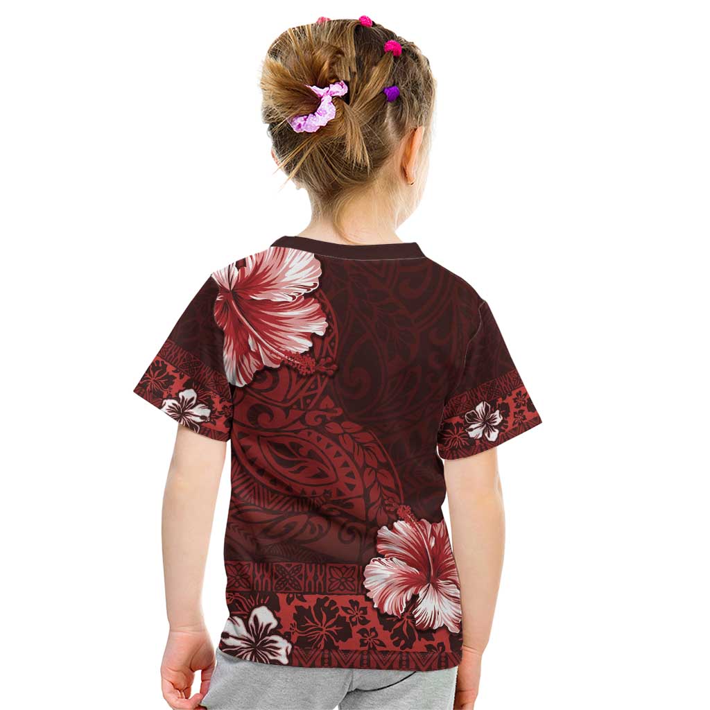 Hawaii Hibiscus With Oxblood Polynesian Pattern Kid T Shirt