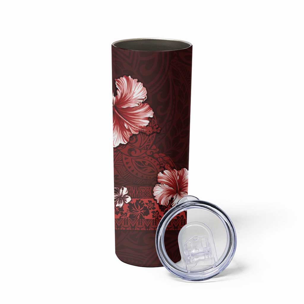 Hawaii Hibiscus With Oxblood Polynesian Pattern Skinny Tumbler