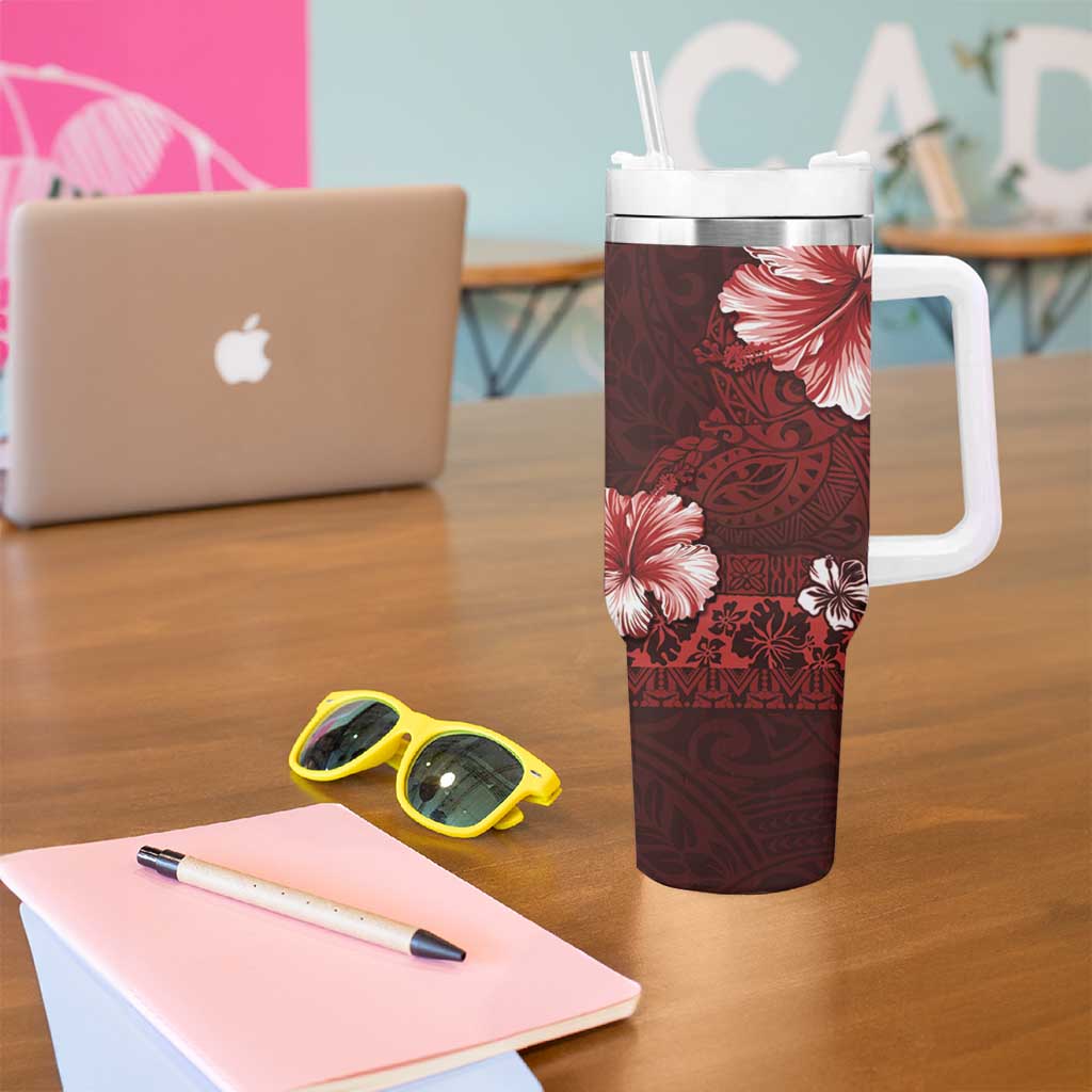 Hawaii Hibiscus With Oxblood Polynesian Pattern Tumbler With Handle