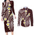 Plumeria With Oxblood Polynesian Tattoo Pattern Couples Matching Long Sleeve Bodycon Dress and Long Sleeve Button Shirt
