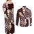 Plumeria With Oxblood Polynesian Tattoo Pattern Couples Matching Off Shoulder Maxi Dress and Long Sleeve Button Shirt