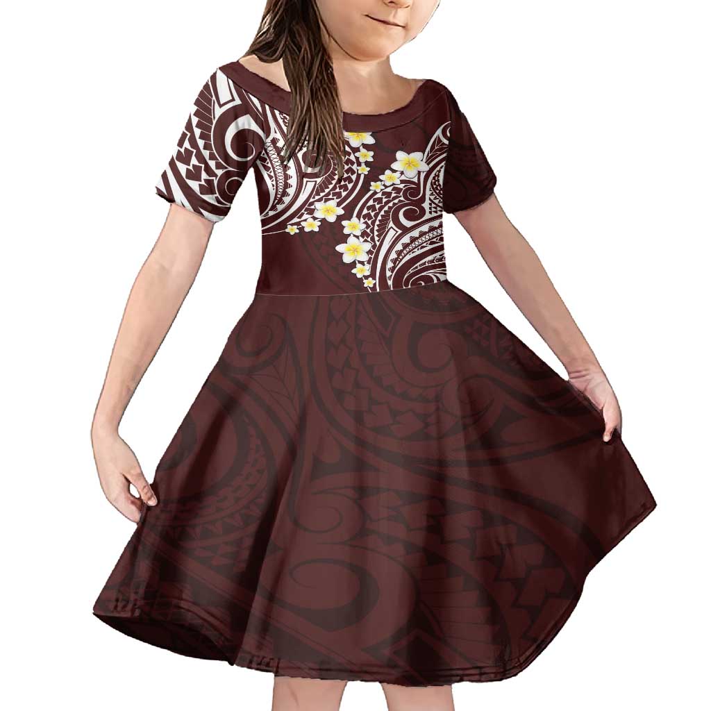 Plumeria With Oxblood Polynesian Tattoo Pattern Family Matching Long Sleeve Bodycon Dress and Hawaiian Shirt LT05 Daughter's Dress Red - Polynesian Pride