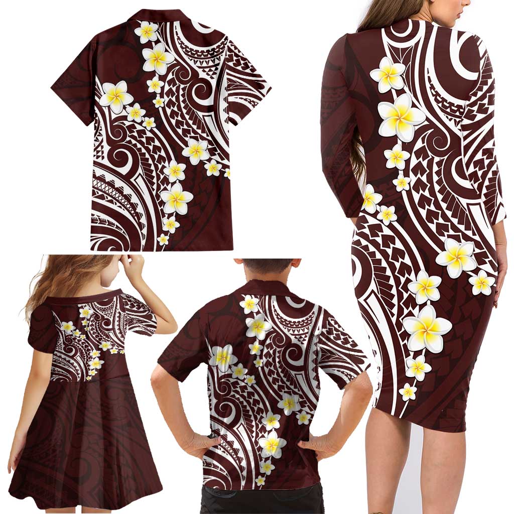 Plumeria With Oxblood Polynesian Tattoo Pattern Family Matching Long Sleeve Bodycon Dress and Hawaiian Shirt LT05 - Polynesian Pride