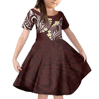 Plumeria With Oxblood Polynesian Tattoo Pattern Family Matching Off The Shoulder Long Sleeve Dress and Hawaiian Shirt LT05 Daughter's Dress Red - Polynesian Pride