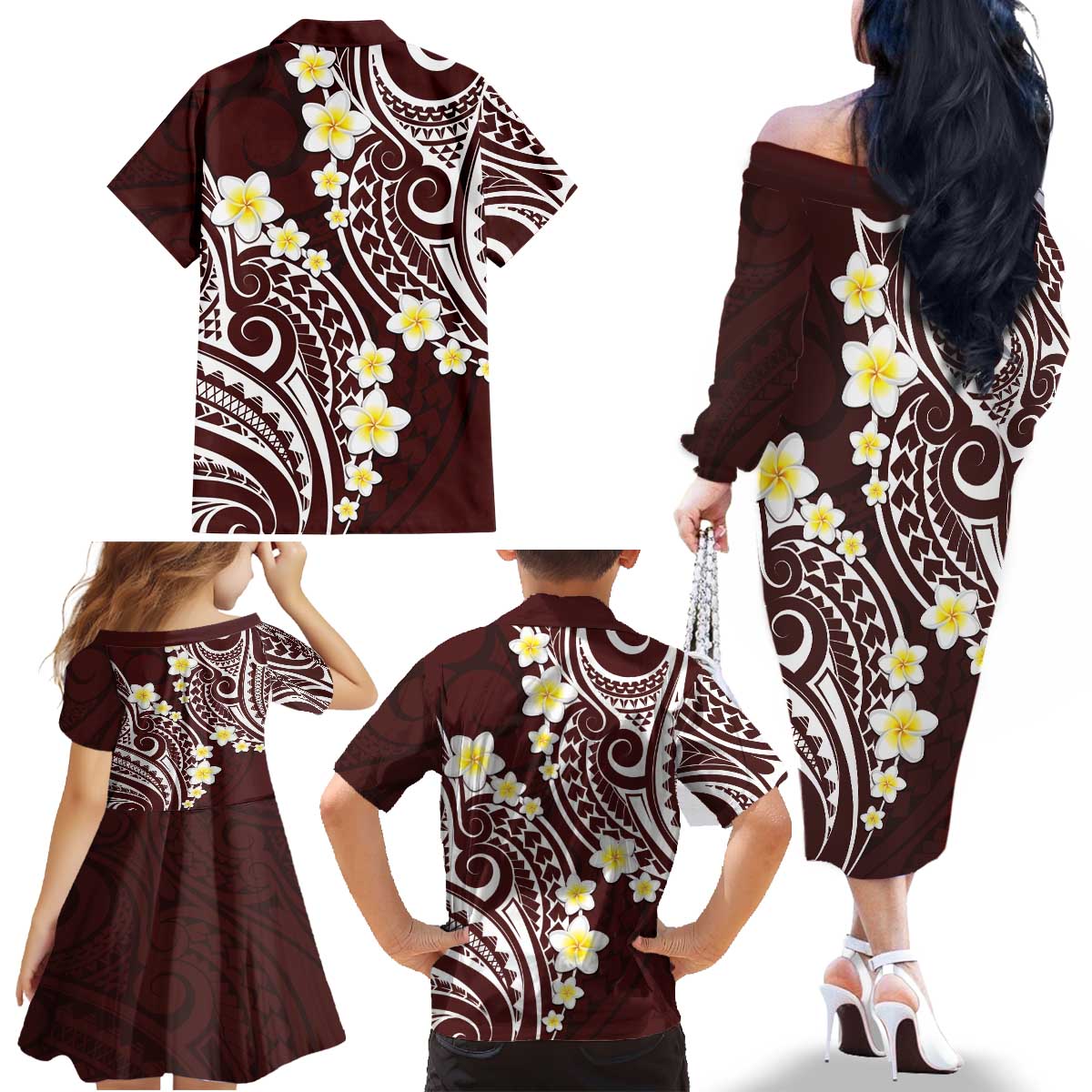 Plumeria With Oxblood Polynesian Tattoo Pattern Family Matching Off The Shoulder Long Sleeve Dress and Hawaiian Shirt LT05 - Polynesian Pride