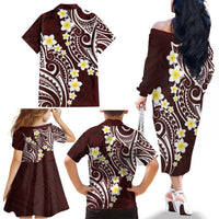 Plumeria With Oxblood Polynesian Tattoo Pattern Family Matching Off The Shoulder Long Sleeve Dress and Hawaiian Shirt LT05 - Polynesian Pride