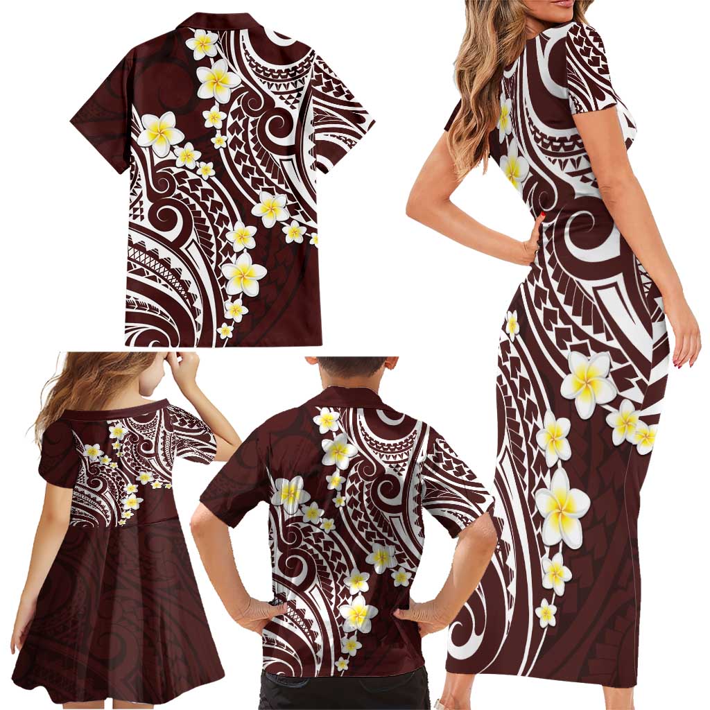 Plumeria With Oxblood Polynesian Tattoo Pattern Family Matching Short Sleeve Bodycon Dress and Hawaiian Shirt LT05 - Polynesian Pride