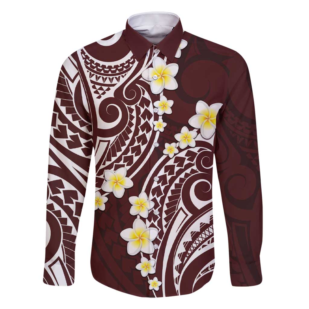 Plumeria With Oxblood Polynesian Tattoo Pattern Family Matching Short Sleeve Bodycon Dress and Hawaiian Shirt LT05 Dad's Shirt - Long Sleeve Red - Polynesian Pride