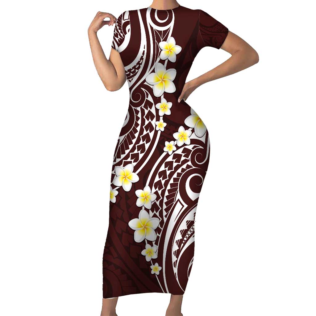 Plumeria With Oxblood Polynesian Tattoo Pattern Family Matching Short Sleeve Bodycon Dress and Hawaiian Shirt LT05 Mom's Dress Red - Polynesian Pride
