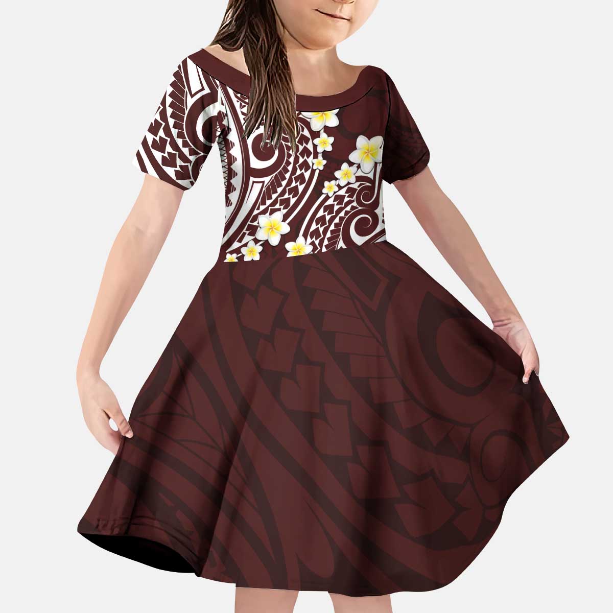 Plumeria With Oxblood Polynesian Tattoo Pattern Kid Short Sleeve Dress LT05 KID Red - Polynesian Pride