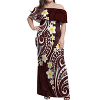 Plumeria With Oxblood Polynesian Tattoo Pattern Off Shoulder Maxi Dress