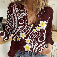 Plumeria With Oxblood Polynesian Tattoo Pattern Women Casual Shirt LT05 Female Red - Polynesian Pride