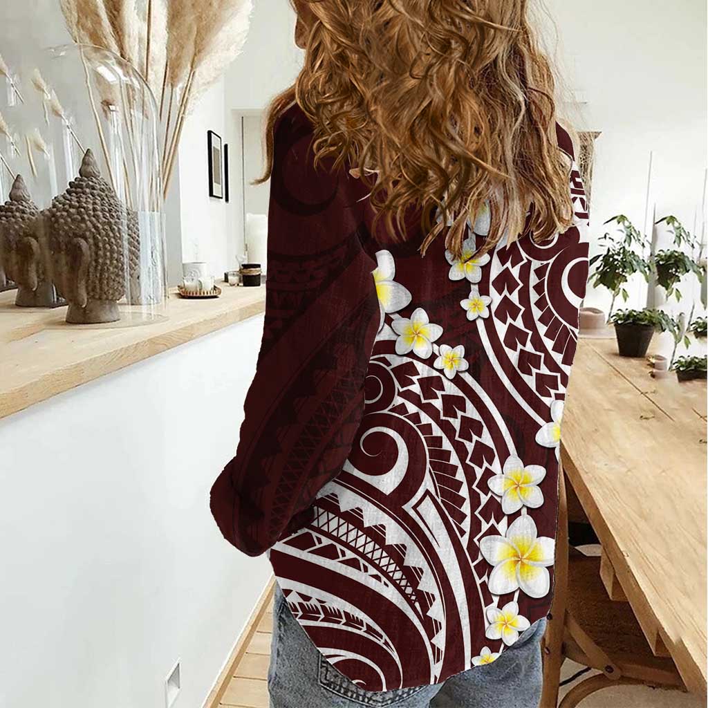 Plumeria With Oxblood Polynesian Tattoo Pattern Women Casual Shirt LT05 - Polynesian Pride