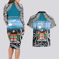 Personalised Happy 54th Fiji Day Couples Matching Long Sleeve Bodycon Dress and Hawaiian Shirt Forever Fiji With Tapa Tribal Pattern LT05 - Polynesian Pride