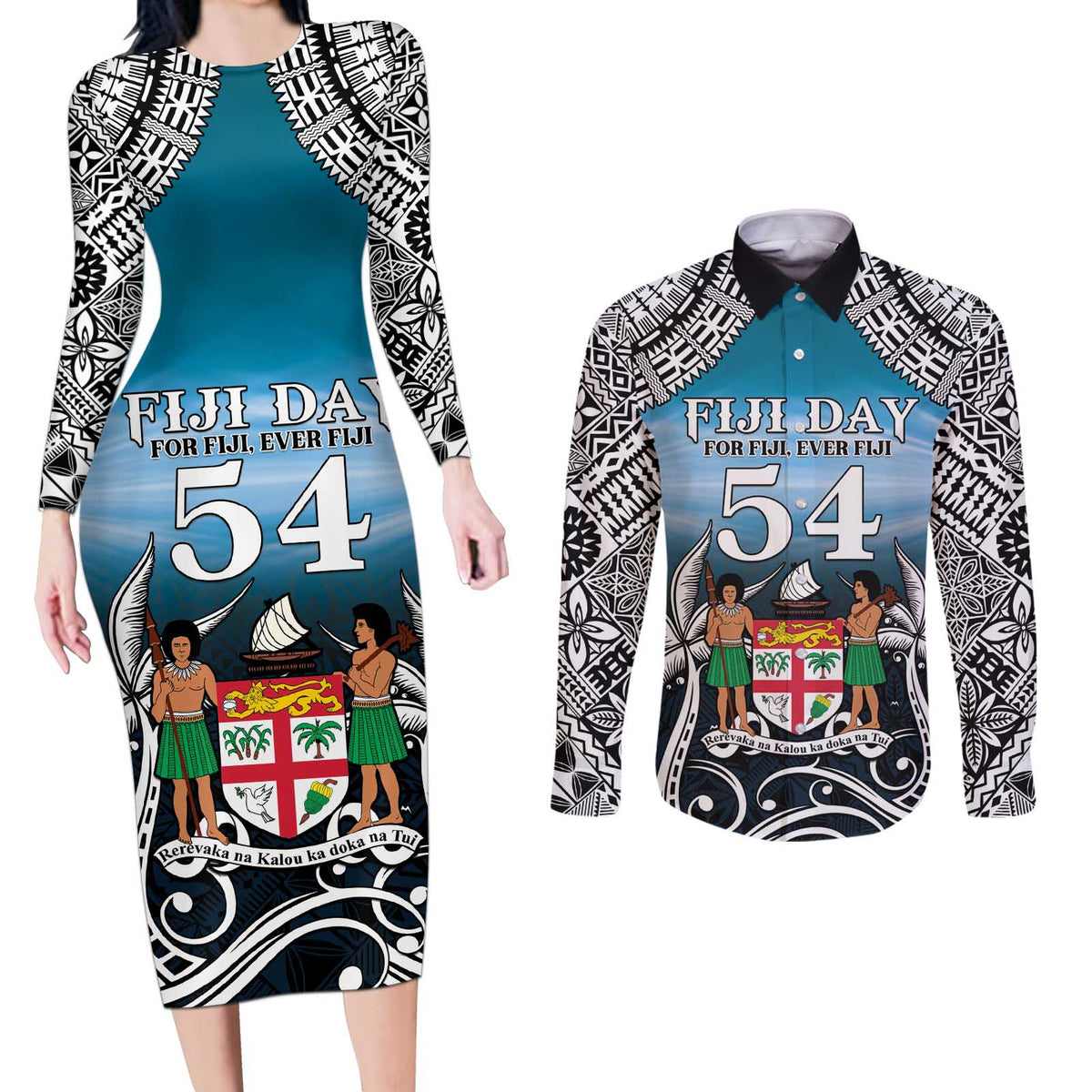 Personalised Happy 54th Fiji Day Couples Matching Long Sleeve Bodycon Dress and Long Sleeve Button Shirt Forever Fiji With Tapa Tribal Pattern LT05 Blue - Polynesian Pride