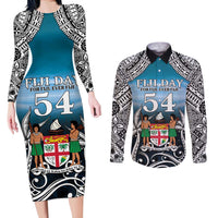 Personalised Happy 54th Fiji Day Couples Matching Long Sleeve Bodycon Dress and Long Sleeve Button Shirt Forever Fiji With Tapa Tribal Pattern LT05 Blue - Polynesian Pride