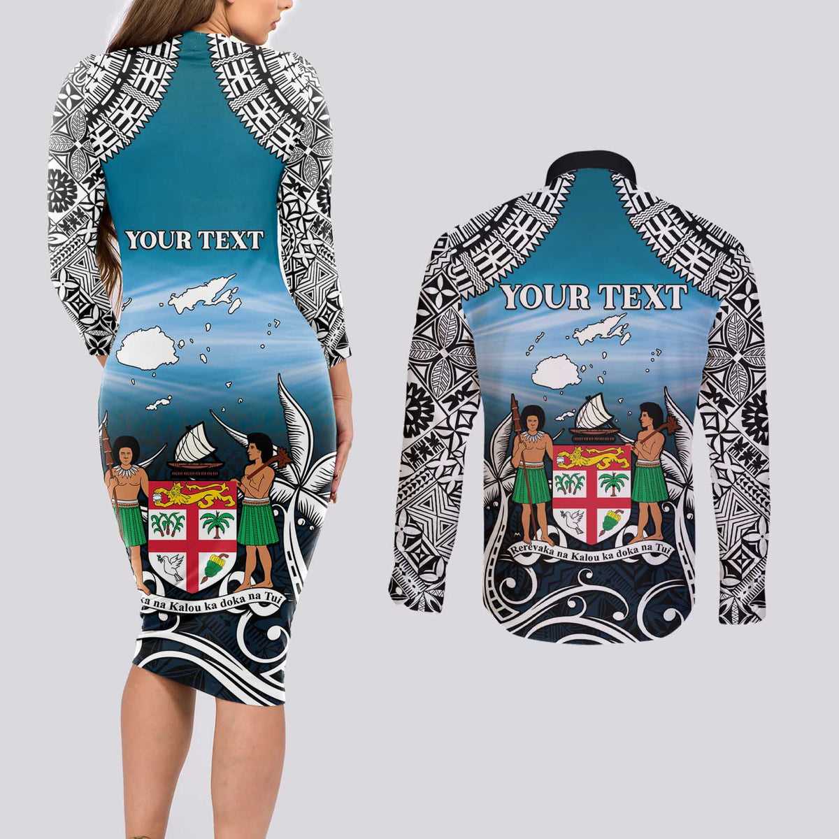 Personalised Happy 54th Fiji Day Couples Matching Long Sleeve Bodycon Dress and Long Sleeve Button Shirt Forever Fiji With Tapa Tribal Pattern LT05 - Polynesian Pride