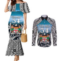 Personalised Happy 54th Fiji Day Couples Matching Mermaid Dress and Long Sleeve Button Shirt Forever Fiji With Tapa Tribal Pattern LT05 Blue - Polynesian Pride