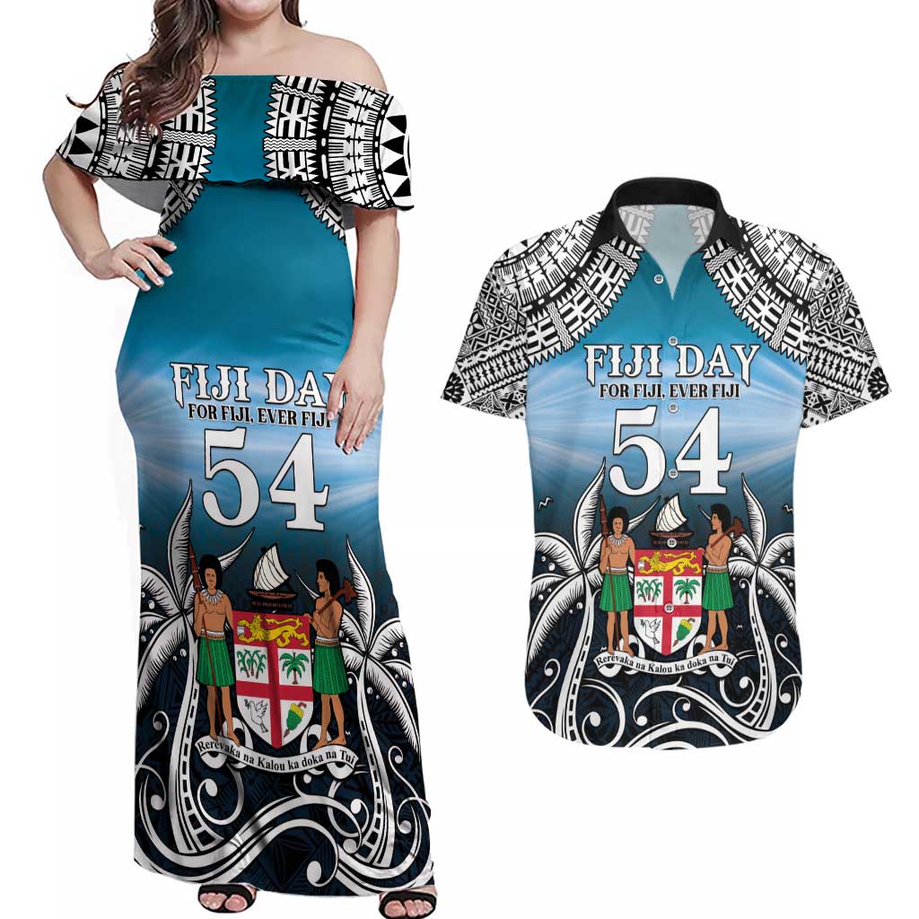 Personalised Happy 54th Fiji Day Couples Matching Off Shoulder Maxi Dress and Hawaiian Shirt Forever Fiji With Tapa Tribal Pattern LT05 Blue - Polynesian Pride