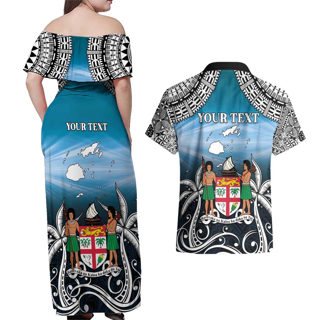 Personalised Happy 54th Fiji Day Couples Matching Off Shoulder Maxi Dress and Hawaiian Shirt Forever Fiji With Tapa Tribal Pattern LT05 - Polynesian Pride