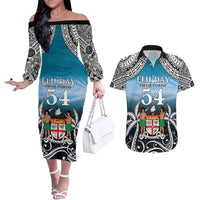 Personalised Happy 54th Fiji Day Couples Matching Off The Shoulder Long Sleeve Dress and Hawaiian Shirt Forever Fiji With Tapa Tribal Pattern LT05 Blue - Polynesian Pride