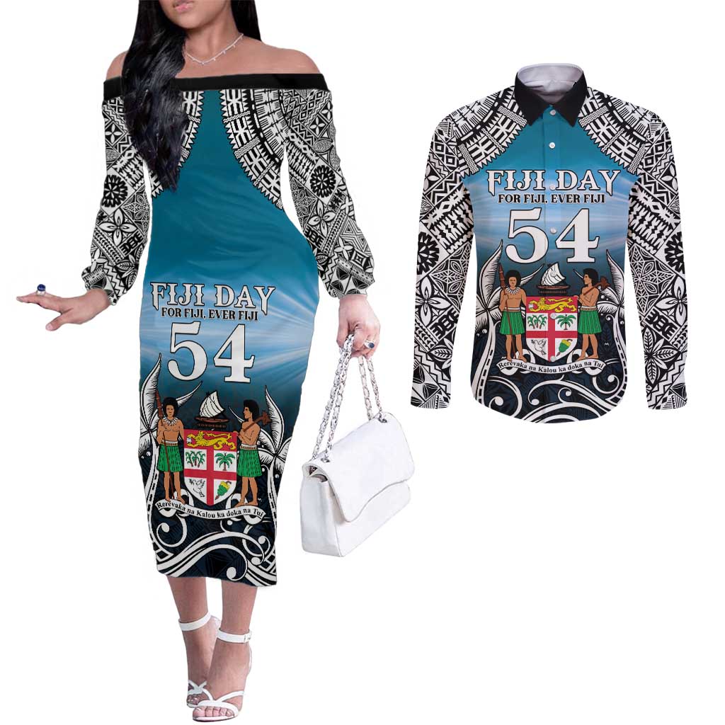 Personalised Happy 54th Fiji Day Couples Matching Off The Shoulder Long Sleeve Dress and Long Sleeve Button Shirt Forever Fiji With Tapa Tribal Pattern LT05 Blue - Polynesian Pride