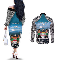 Personalised Happy 54th Fiji Day Couples Matching Off The Shoulder Long Sleeve Dress and Long Sleeve Button Shirt Forever Fiji With Tapa Tribal Pattern LT05 - Polynesian Pride