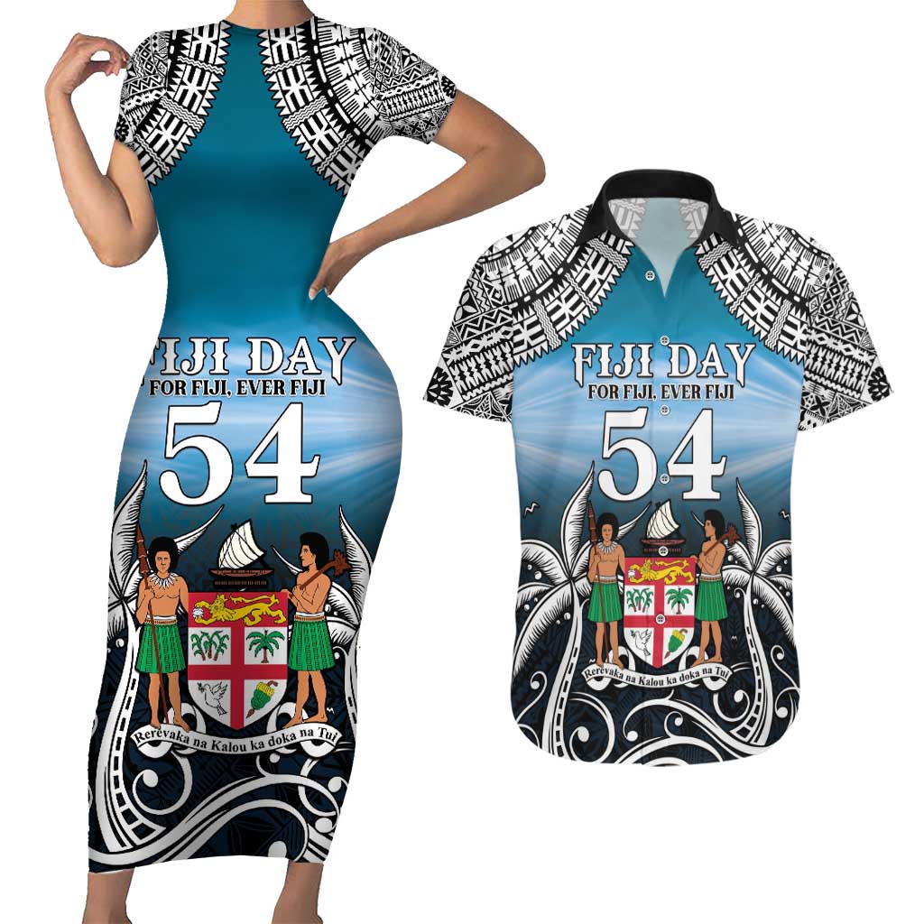Personalised Happy 54th Fiji Day Couples Matching Short Sleeve Bodycon Dress and Hawaiian Shirt Forever Fiji With Tapa Tribal Pattern LT05 Blue - Polynesian Pride