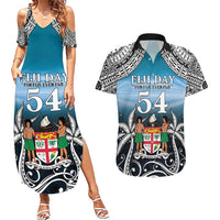 Personalised Happy 54th Fiji Day Couples Matching Summer Maxi Dress and Hawaiian Shirt Forever Fiji With Tapa Tribal Pattern LT05 Blue - Polynesian Pride