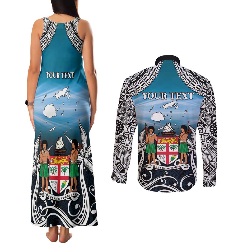 Personalised Happy 54th Fiji Day Couples Matching Tank Maxi Dress and Long Sleeve Button Shirt Forever Fiji With Tapa Tribal Pattern LT05 - Polynesian Pride