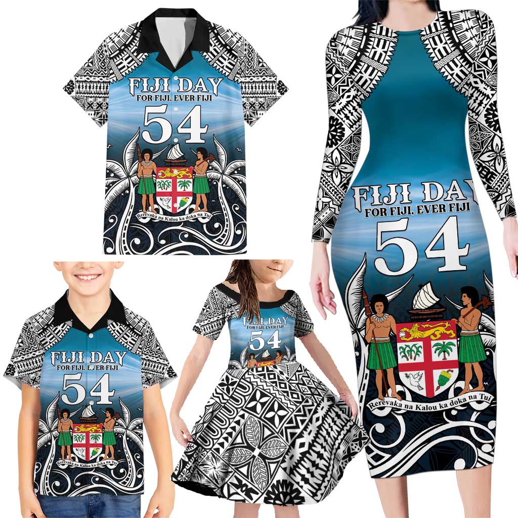 Personalised Happy 54th Fiji Day Family Matching Long Sleeve Bodycon Dress and Hawaiian Shirt Forever Fiji With Tapa Tribal Pattern LT05 - Polynesian Pride