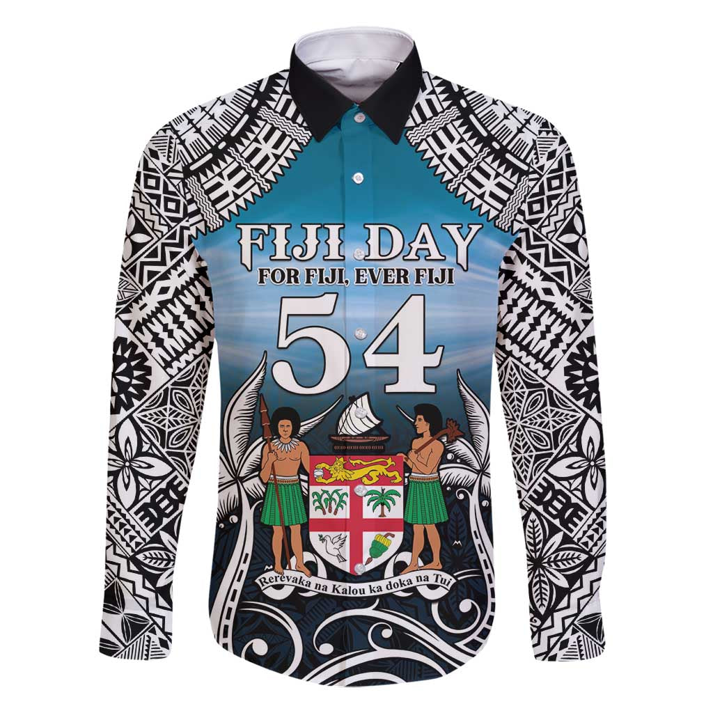 Personalised Happy 54th Fiji Day Family Matching Mermaid Dress and Hawaiian Shirt Forever Fiji With Tapa Tribal Pattern LT05 Dad's Shirt - Long Sleeve Blue - Polynesian Pride