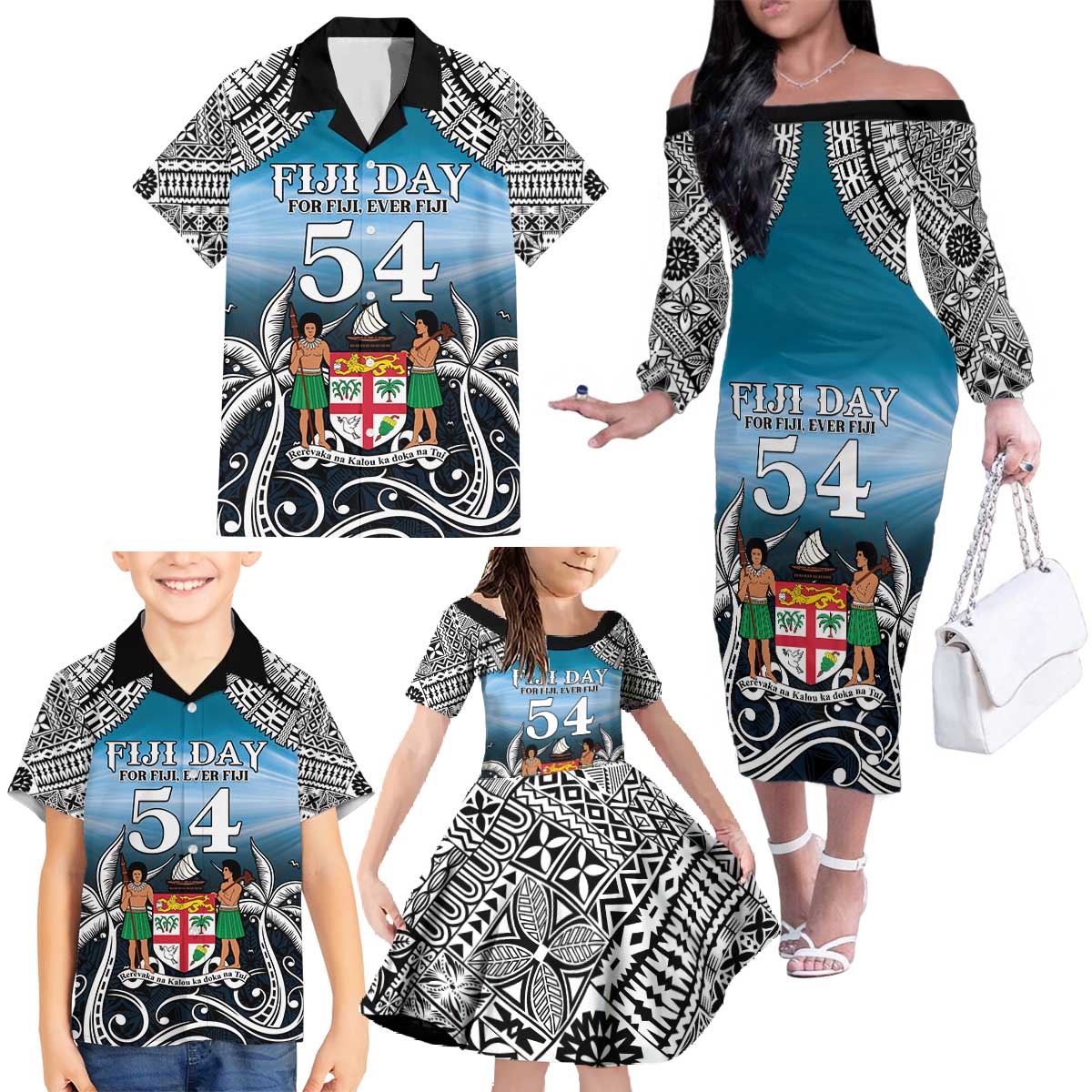 Personalised Happy 54th Fiji Day Family Matching Off The Shoulder Long Sleeve Dress and Hawaiian Shirt Forever Fiji With Tapa Tribal Pattern LT05 - Polynesian Pride
