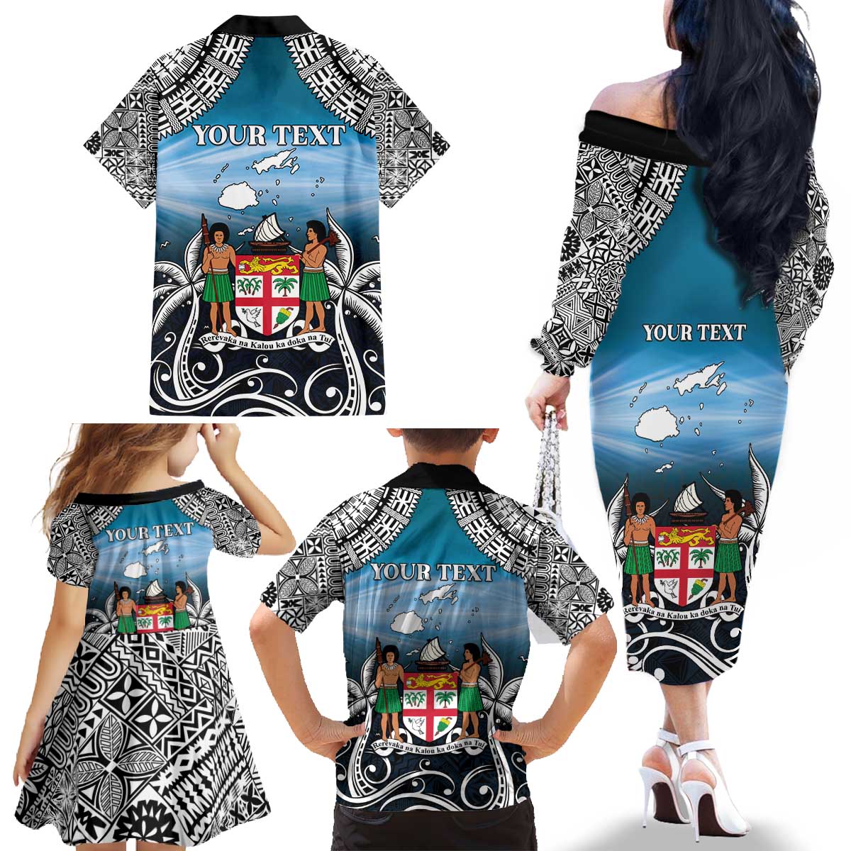 Personalised Happy 54th Fiji Day Family Matching Off The Shoulder Long Sleeve Dress and Hawaiian Shirt Forever Fiji With Tapa Tribal Pattern LT05 - Polynesian Pride