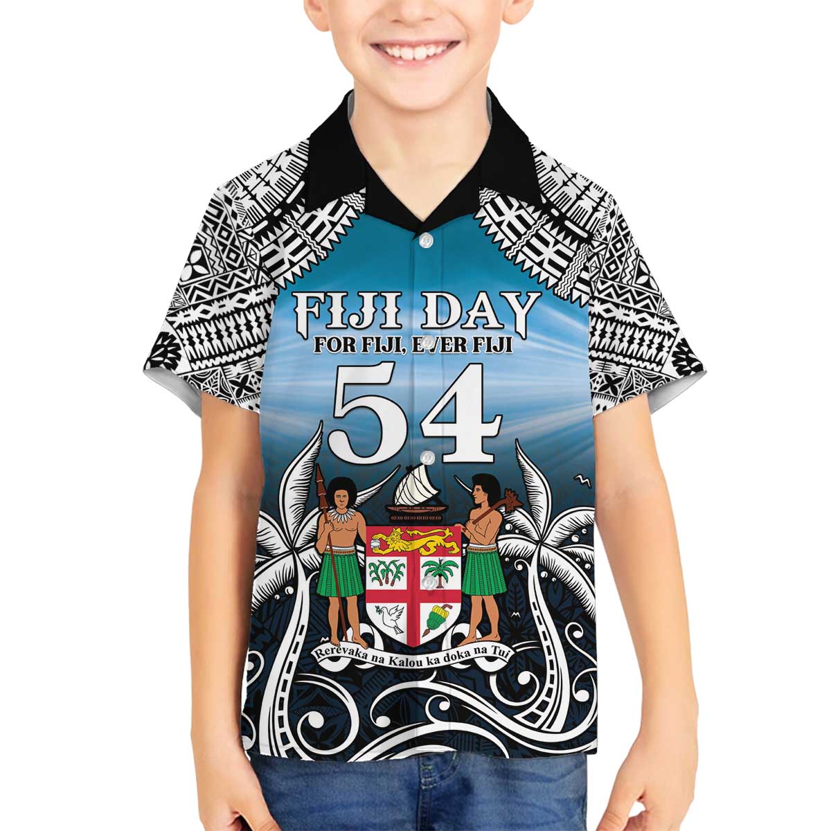 Personalised Happy 54th Fiji Day Family Matching Off The Shoulder Long Sleeve Dress and Hawaiian Shirt Forever Fiji With Tapa Tribal Pattern LT05 Son's Shirt Blue - Polynesian Pride