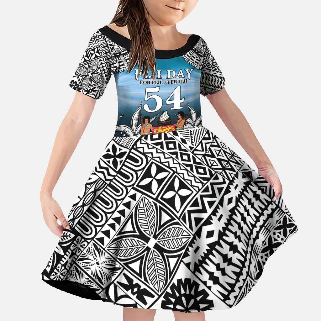 Personalised Happy 54th Fiji Day Family Matching Off Shoulder Maxi Dress and Hawaiian Shirt Forever Fiji With Tapa Tribal Pattern LT05 Daughter's Dress Blue - Polynesian Pride