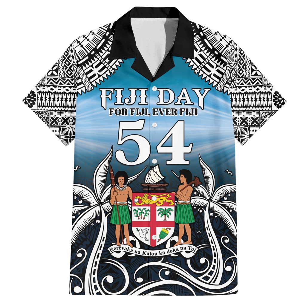 Personalised Happy 54th Fiji Day Family Matching Off Shoulder Maxi Dress and Hawaiian Shirt Forever Fiji With Tapa Tribal Pattern LT05 Dad's Shirt - Short Sleeve Blue - Polynesian Pride