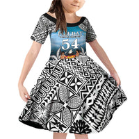 Personalised Happy 54th Fiji Day Family Matching Off Shoulder Short Dress and Hawaiian Shirt Forever Fiji With Tapa Tribal Pattern LT05 Daughter's Dress Blue - Polynesian Pride