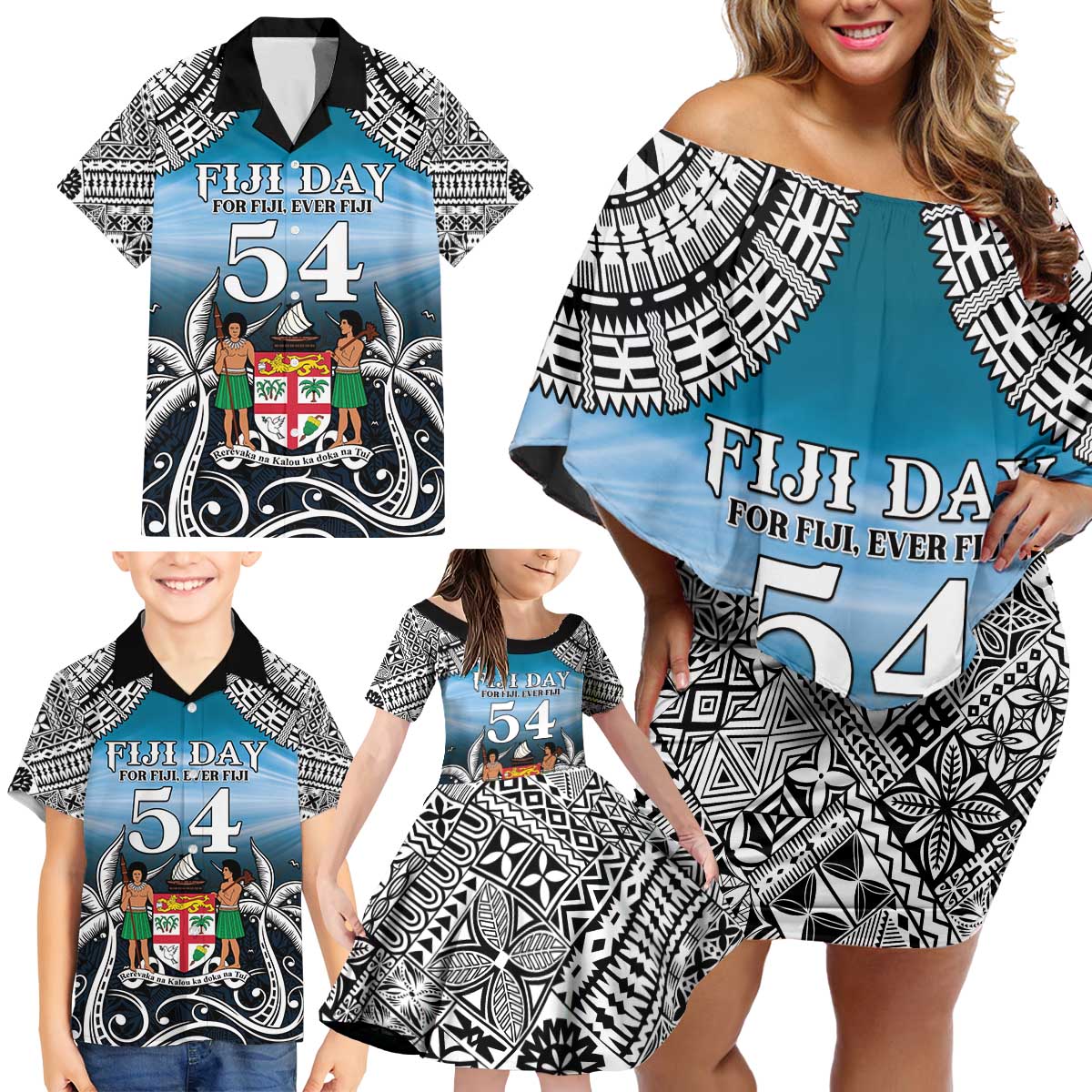 Personalised Happy 54th Fiji Day Family Matching Off Shoulder Short Dress and Hawaiian Shirt Forever Fiji With Tapa Tribal Pattern LT05 - Polynesian Pride